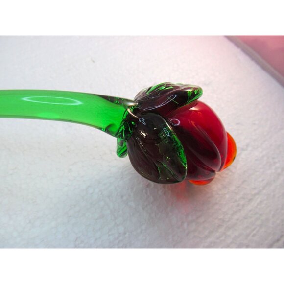 Hand Blown Long Stem Red Rose Bud Glass Flower - Picture 7 of 14